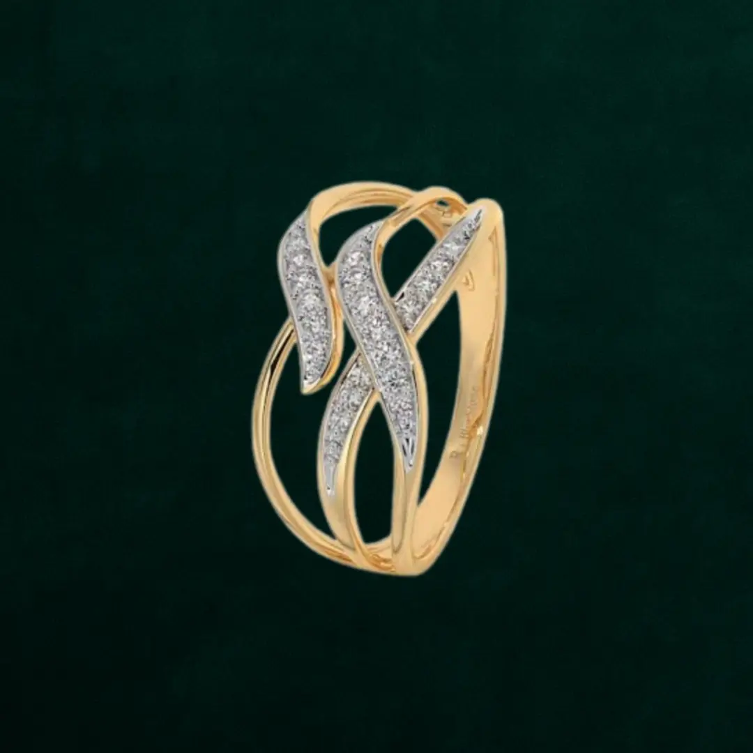 Contemporary gold-plated ring with intertwining bands encrusted in pavé cubic-zirconia—perfect as a statement cocktail ring or elegant complement to your engagement set.