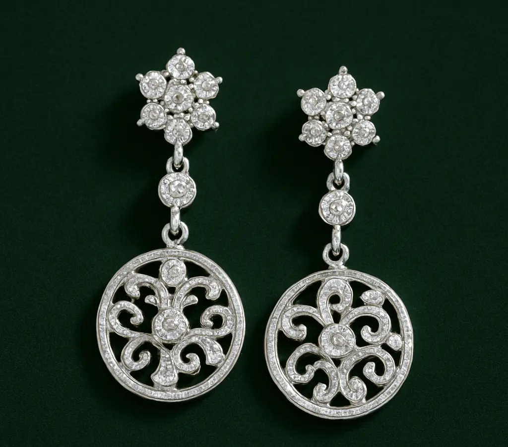 Comet &amp; Crystal silver-plated artificial jewellery earrings featuring a six-petal floral cluster of brilliant-cut rounded zirconia drops—perfect for adding a touch of vintage charm to any evening look.