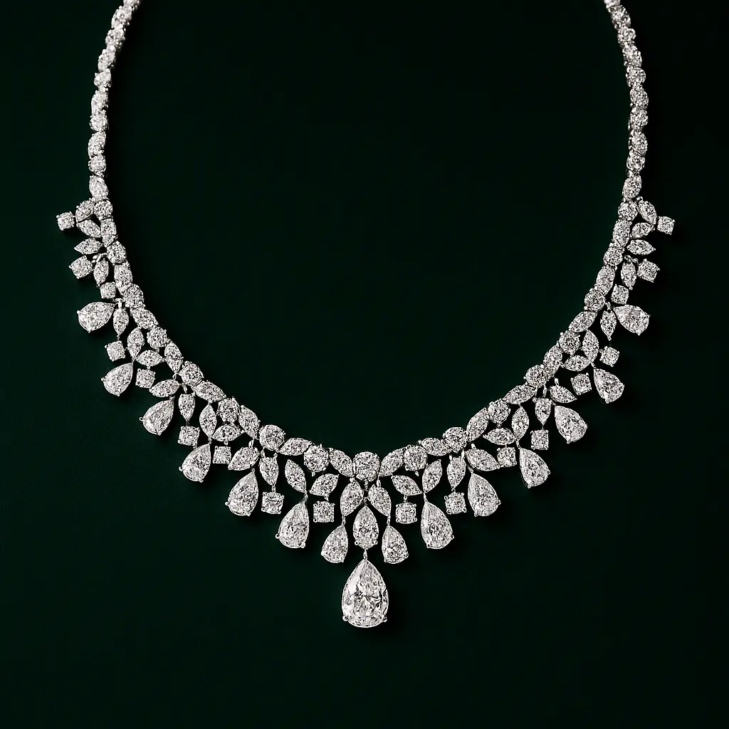 Luxurious graduated cubic-zirconia tennis necklace featuring multiple rows of round and pear-shaped stones culminating in a statement pear-cut drop—ideal for bridal or gala wear.