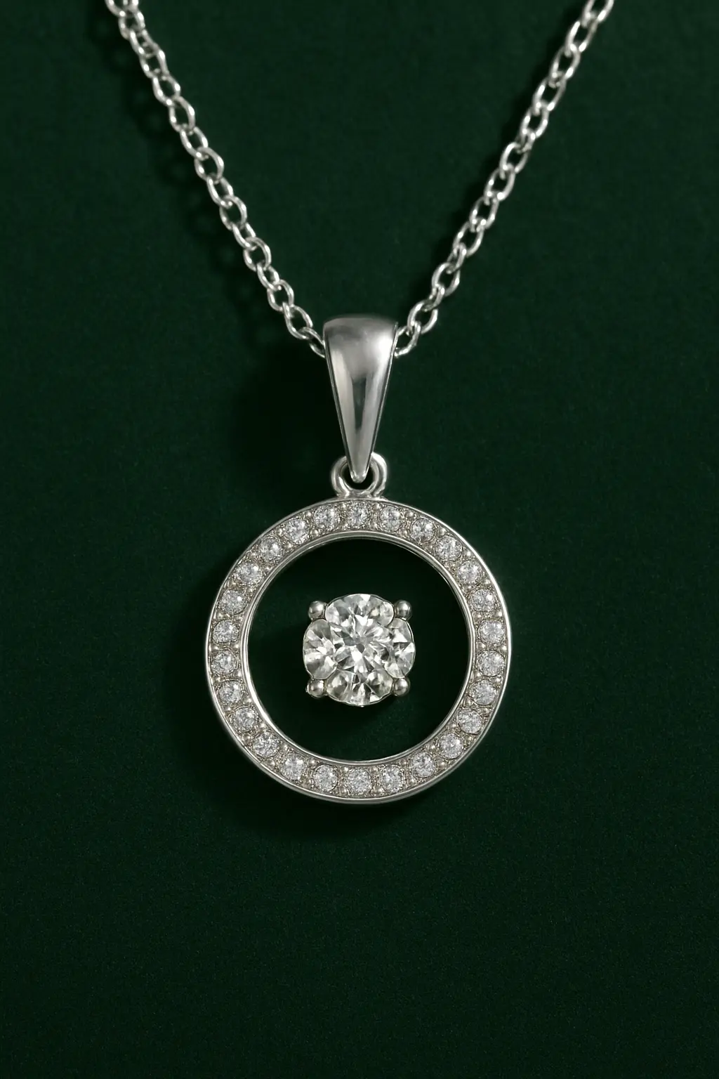 Classic circular pendant set with a halo of pavé CZ around a central “floating” stone—suspended on a dainty silver-plated chain for minimalist, modern sparkle.