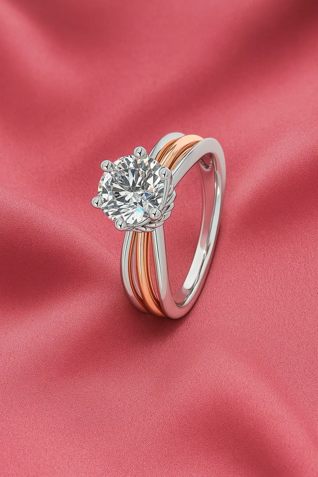 A timeless piece, this diamond ring combines sleek white gold with warm rose gold accents for a modern twist. Highlighted on a pink velvet backdrop, it’s the perfect engagement or anniversary gift for her. Keywords: Diamond engagement ring, rose and white gold ring, dual tone ring, luxury jewelry, pink velvet ring display