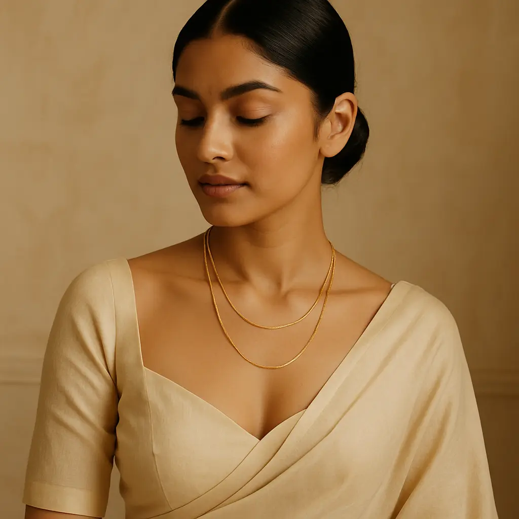 Young Indian woman wearing layered minimalist gold chains styled with traditional attire