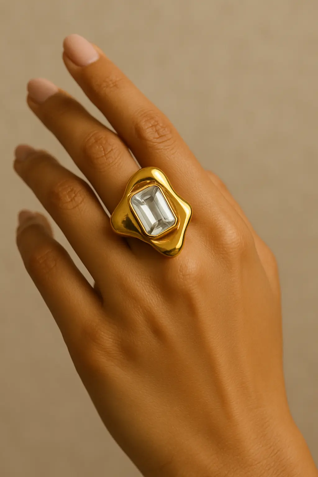 Close-up of a woman's hand wearing an oversized statement ring with a nude manicure