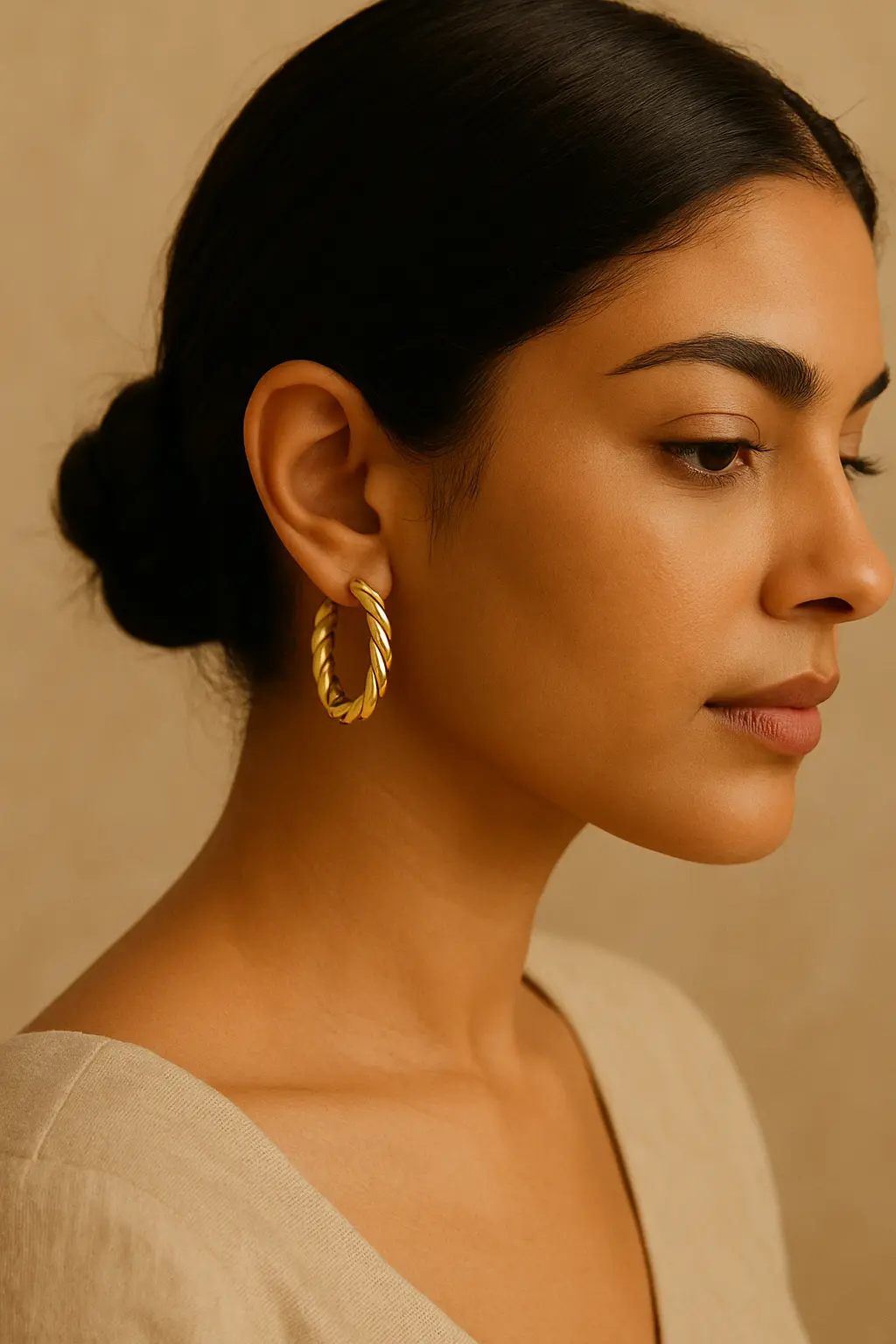 South Asian woman wearing textured gold hoop earrings paired with a chic outfit