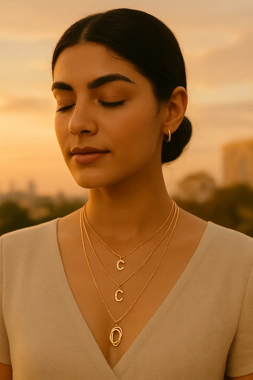 Fashionable Indian woman wearing multiple layered necklaces of varying lengths and charms