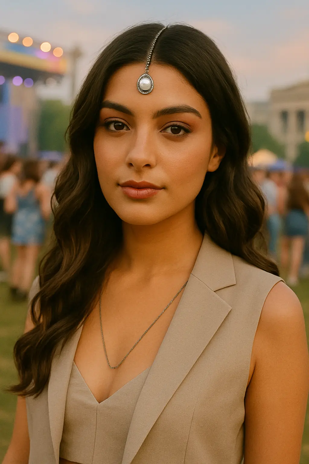 Young Indian woman wearing a dainty pearl maangtikka with soft glam makeup