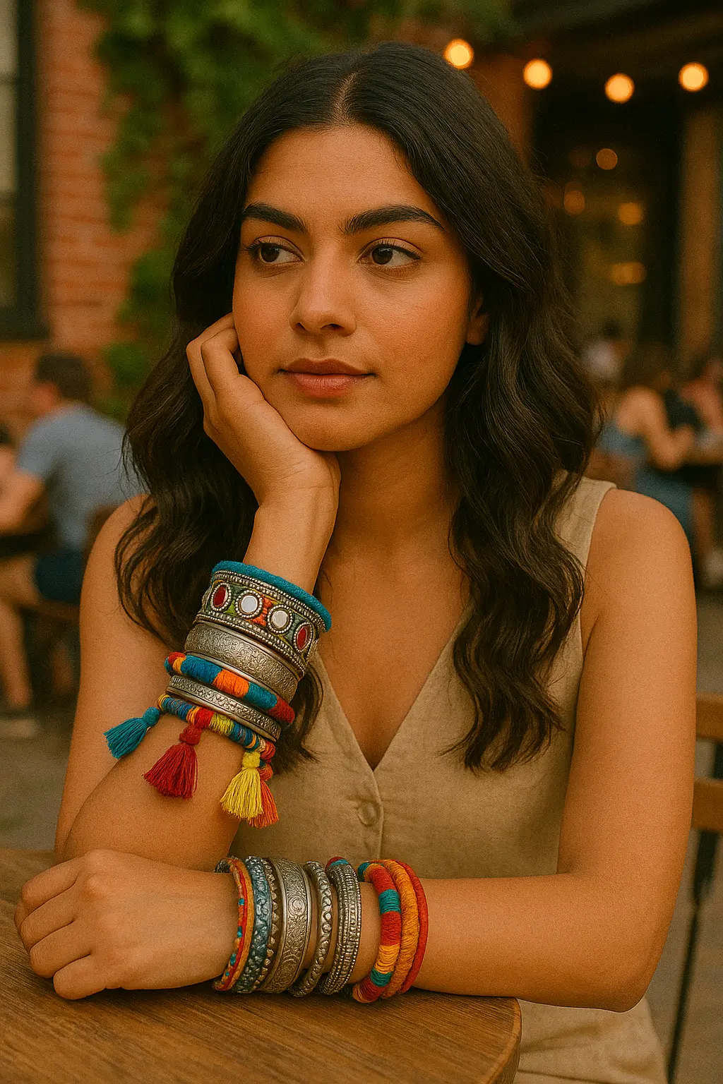 Woman wearing colorful boho bangles with mirror work and oxidised textures